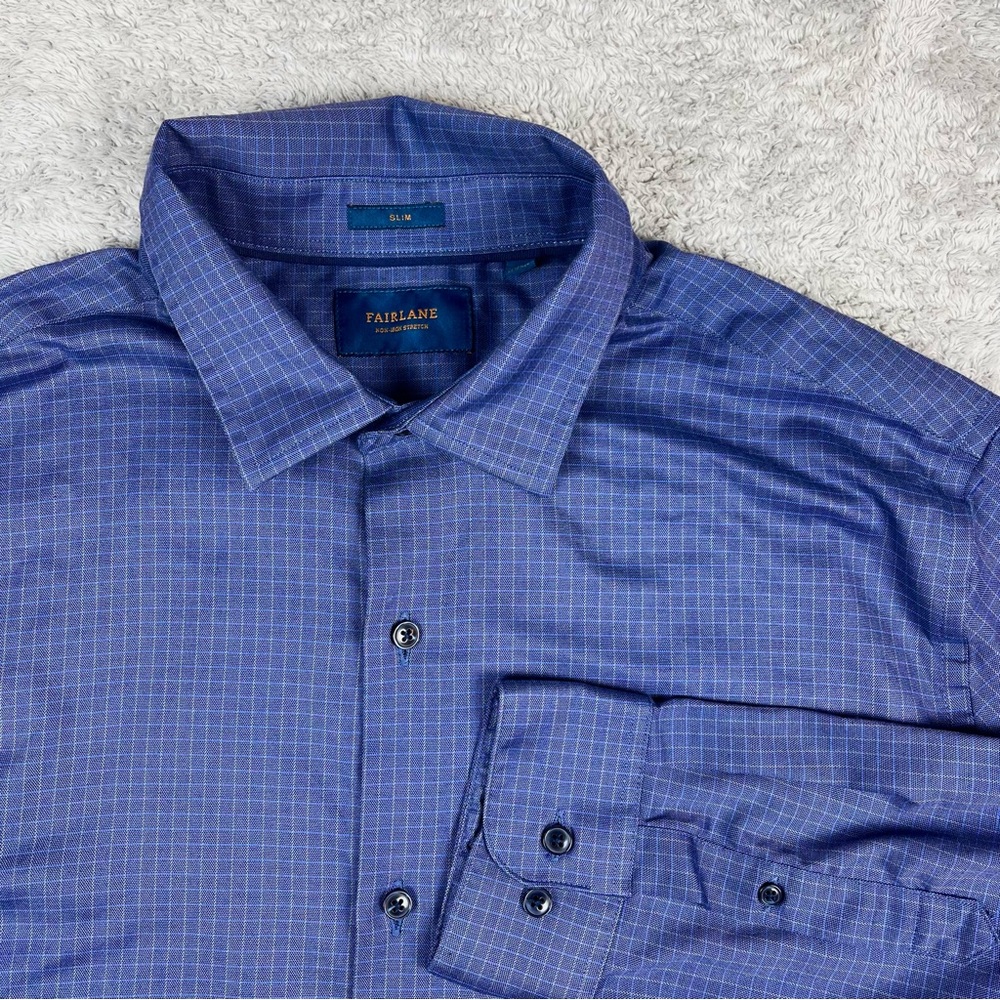 Fairlane Men's XL Slim Fit Non-Iron Stretch Button Down Shirt Blue Check Casual